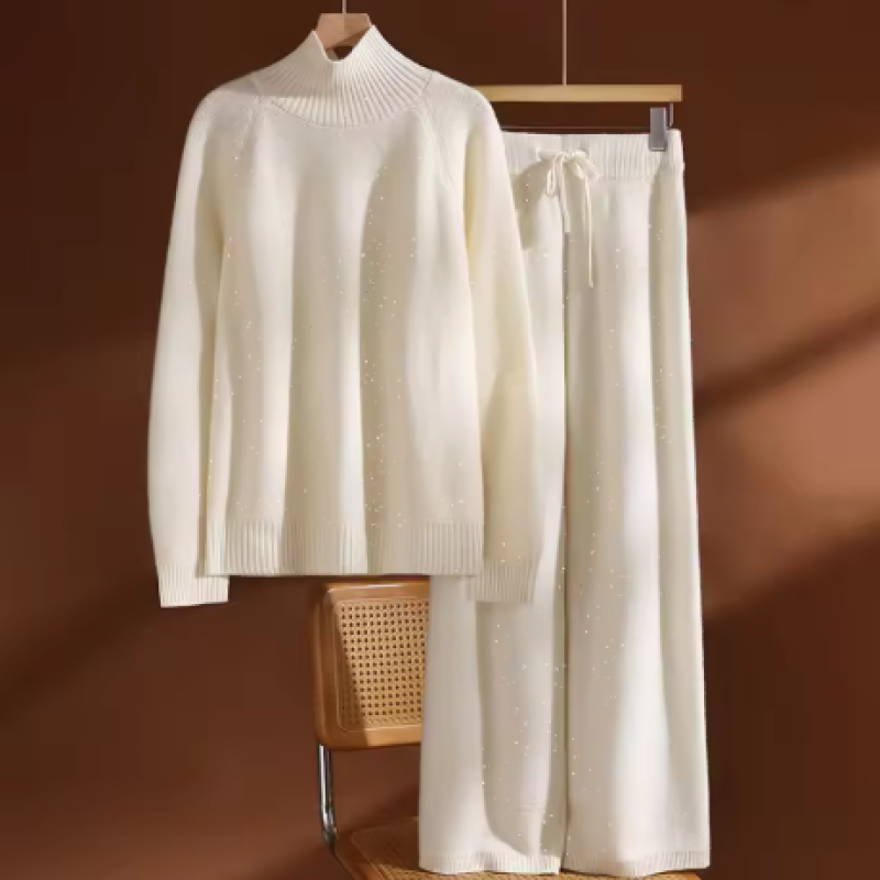 ADDONEE Autumn Winter Thick Women's 100% Wool Sweater Pants Set Sequins Turtleneck Pullover Wide Leg Pants Casual Knitwear